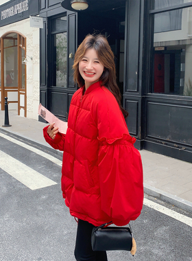 红色木耳边灯笼袖棒球领90绒羽绒服女冬季2025新款中长款加厚爆款