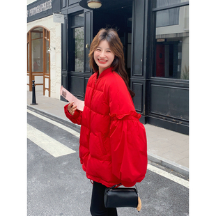 红色木耳边灯笼袖棒球领90绒羽绒服女冬季2025新款中长款加厚爆款