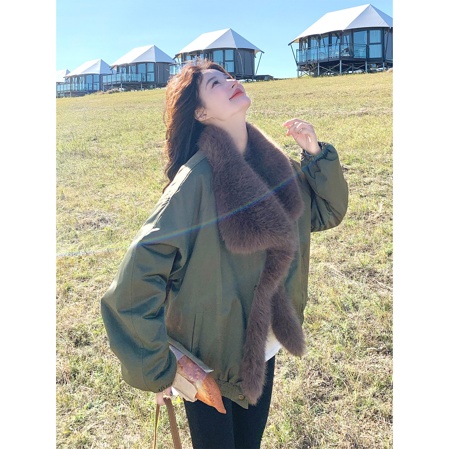 军绿色两面穿派克棉服女2025冬季新款宽松加厚保暖设计感短款外套