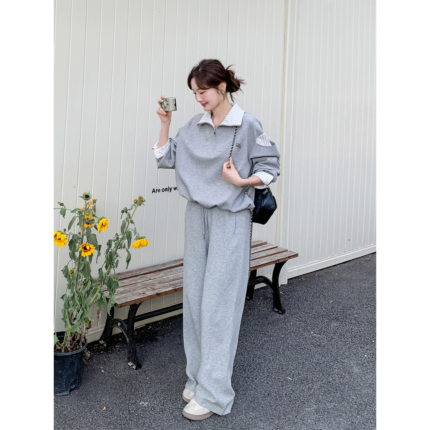 灰色休闲运动卫衣套装女春季2026韩系休闲连帽上衣阔腿裤两件套