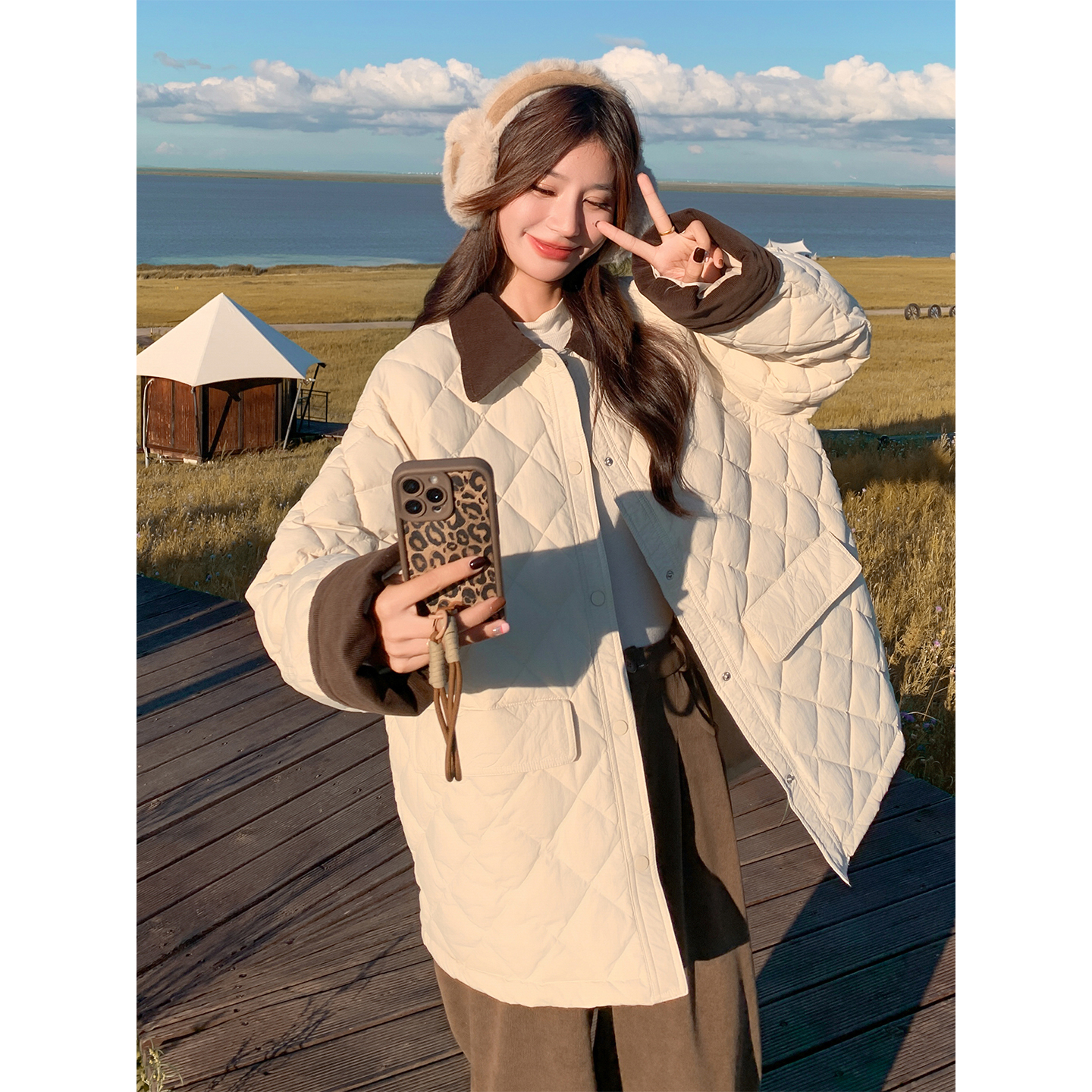 菱形格轻薄棉服外套保暖翻领棉衣