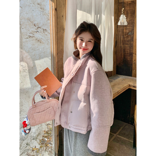 浅紫色短款毛呢拼接羽绒服女冬2025新款小个子保暖爆款白鸭绒外套