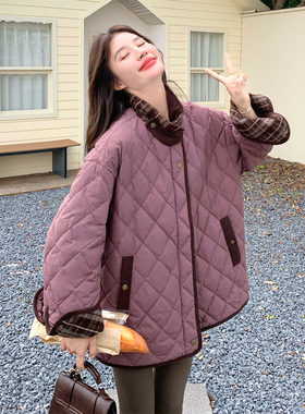 紫色复古英伦风菱格加厚90绒羽绒服女冬2025新款韩系小个子短款