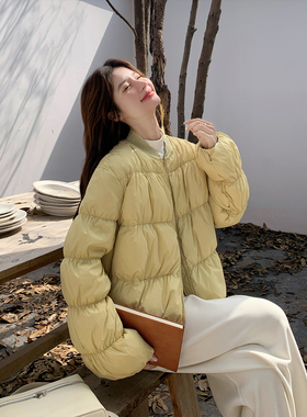黄色轻暖泡芙褶皱棒球领90绒羽绒服女冬季2025新款短款小个子爆款
