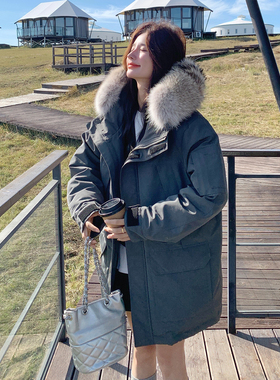 深灰色韩系大毛领连帽工装羽绒服女2025冬宽松保暖90白鸭绒派克服