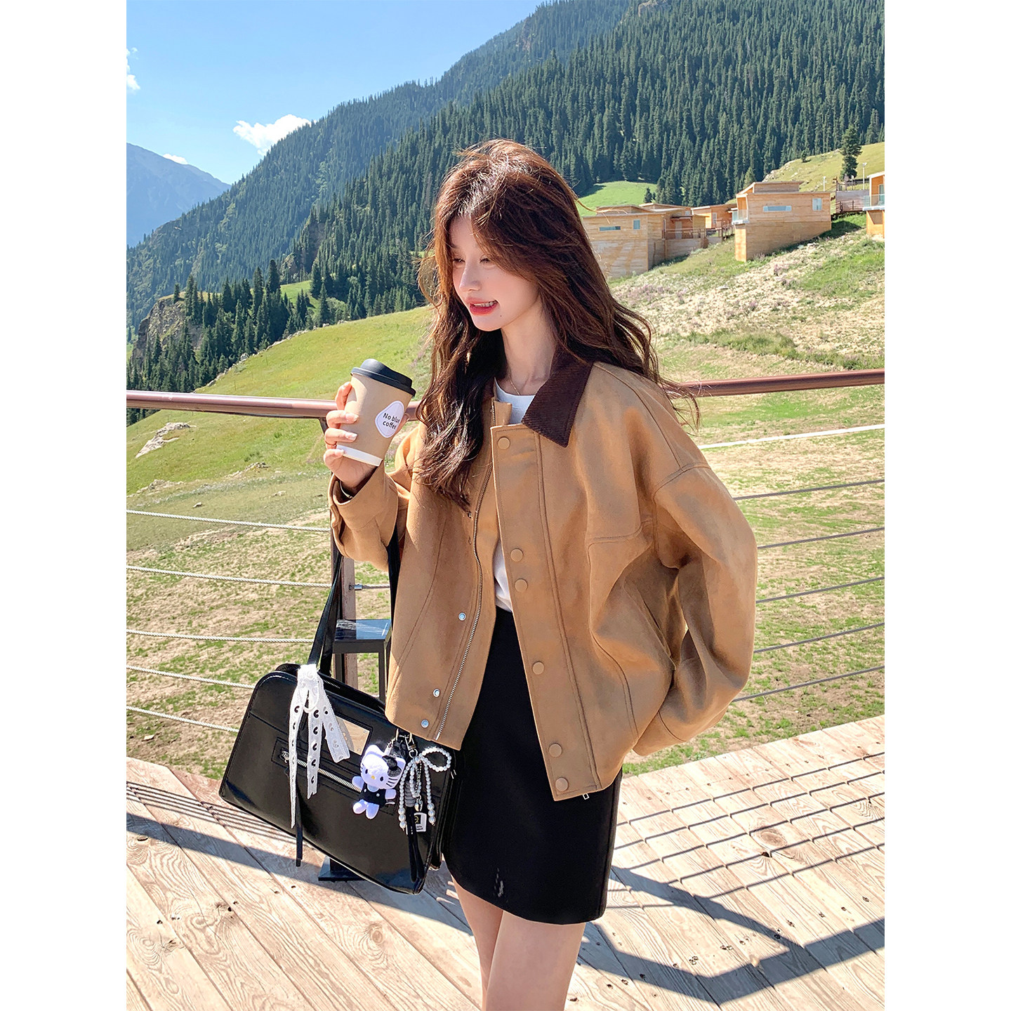 棕色翻领麂皮绒外套女2026春季新款韩系短款上衣高级复古工装夹克