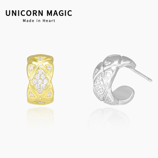 小香风镶钻款 气质小耳钉c形小耳圈潮 菱格纹极简金属耳环大牌时尚