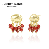 红玛瑙串珠复古耳环流苏秋冬显白气质耳坠高级感金色耳饰银针百搭