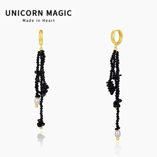 天然青金石新中式复古耳环长款珍珠耳饰轻奢高级感显脸小黑色耳坠