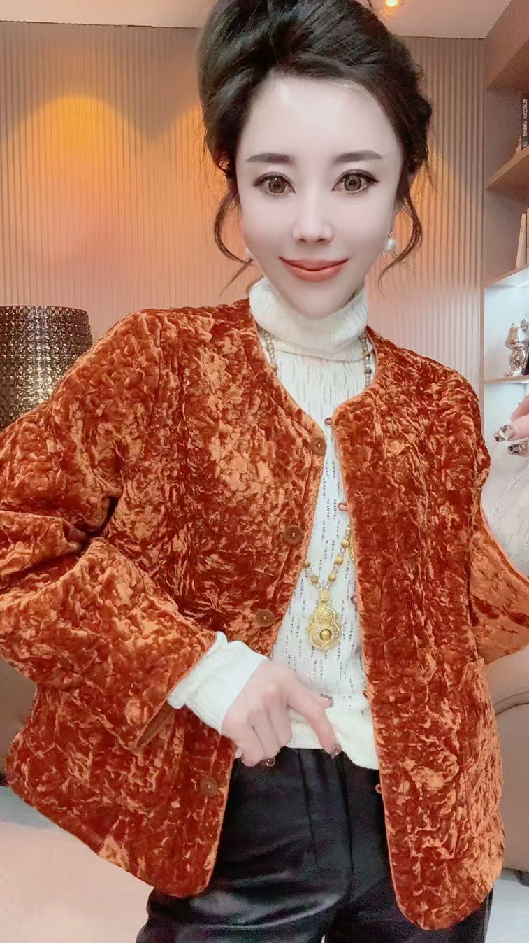 新中式国风圆领真丝绒砸线宽松加棉短外套女2025秋冬复古棉服上衣