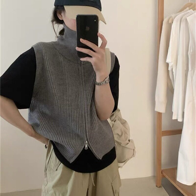 跨境高领双拉链针织马甲