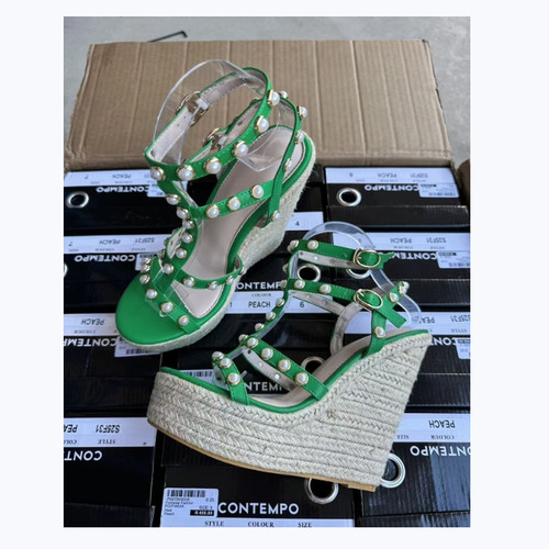 2025新款麻绳坡跟珍珠脚腕绑带一字扣罗马凉鞋超高跟15cm大码女鞋