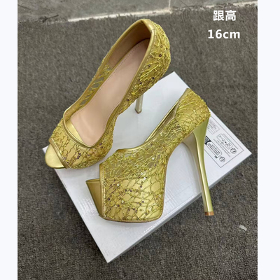 2025新款时尚水晶防水台细超高跟鞋女单鱼嘴镂空凉鞋性感夜店16cm