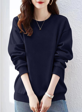 即墨高端纯棉藏蓝色卫衣女2025秋冬新款宽松显瘦百搭内搭加绒上衣