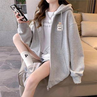 高端大牌纯棉即墨卫衣女秋冬洋气印花开衫加绒加厚棒球服连帽外套