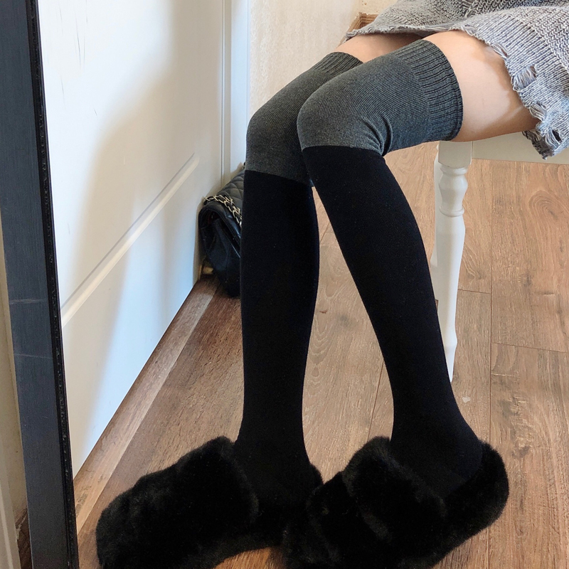 秋冬加绒灰色长筒袜拼接大腿袜黑色高筒袜加厚保暖黑灰色过膝袜女
