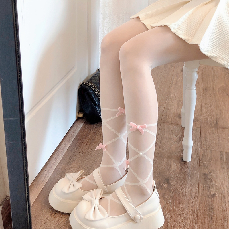 JK米白色连裤袜少女绑带提花白丝
