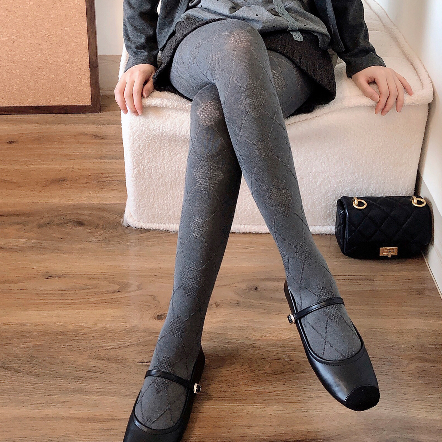 烟灰色打底袜裤菱格深灰色连裤袜