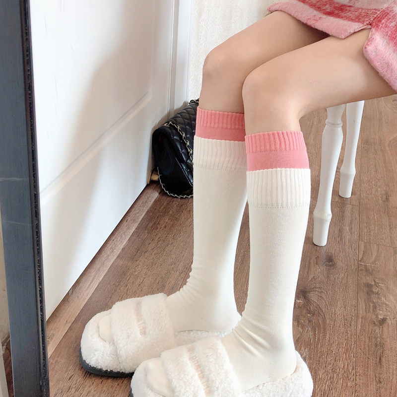 日系甜美jk奶白色小腿袜秋冬粉色中筒袜子女拼接条纹棉黑色堆堆袜,女士内衣/男士内衣/家居服,中筒袜,淘宝优惠券,粉丝福利购,淘宝优惠卷