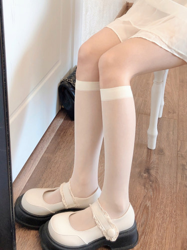 超薄JK奶白色小腿袜黑色中筒袜子