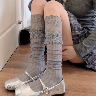 JK烟灰色小腿袜女春款 甜美蕾丝花边白色及膝中筒袜Lolita堆堆袜子