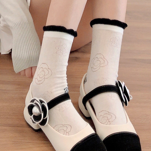 春夏季薄款白色中筒袜甜美棉短袜子山茶花黑色小腿袜小香风堆堆袜