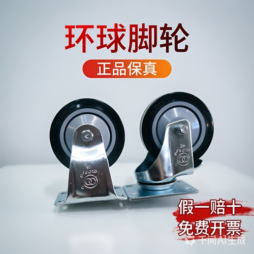 环球脚轮中型黑色聚氨酯平边3/4/5寸定向万向刹车带护盖耐磨PU轮
