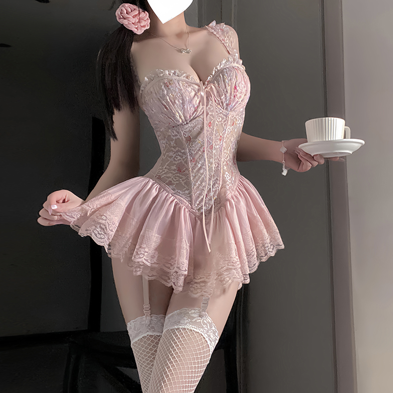 性感睡衣女夏qq纯欲风蕾丝激情小胸诱惑鱼骨聚拢马甲裙高级感套装