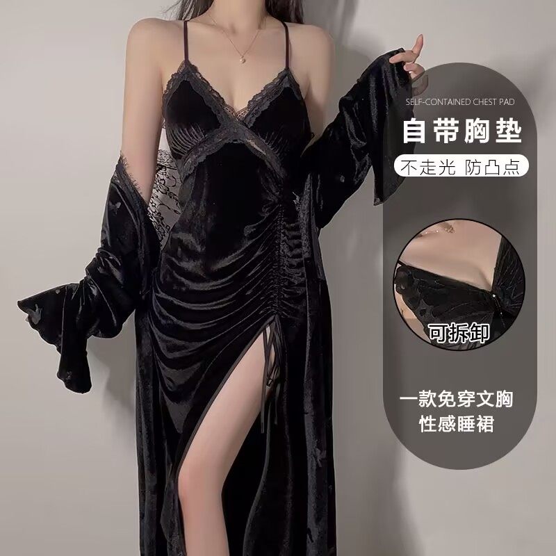 2025性感金丝绒睡衣带胸垫长裙深V蕾丝美背吊带睡裙外袍家居服女