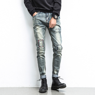 春秋新款男士牛仔裤修身小脚复古做旧乞丐裤男款柔软弹力韩版长裤