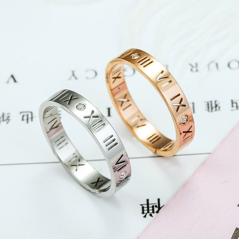 新品日韩版时尚镀18K玫瑰金罗马数字钛钢戒指女生食指环戒不掉色