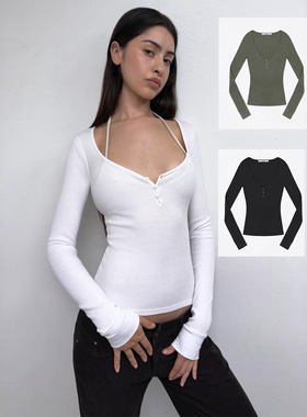tank华夫格深v纽扣修身长袖t恤女秋季薄款紧身内搭上衣女装