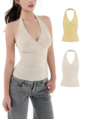 现货美式辣妹纯欲风交叉V领挂脖吊带大露背上衣女针织修身美背心