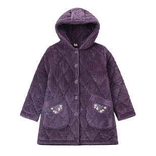 冬季中老年睡衣女连帽加厚加绒套装珊瑚绒三层夹棉老人保暖家居服