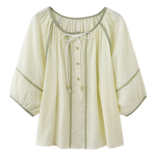 七分袖宽松大码法式雪纺衫娃娃圆领半开衫女春夏装新款泡泡袖上衣