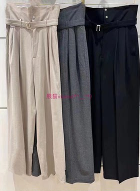 裤型很显瘦！纯圆LB家 高腰翻边直筒休闲阔腿裤 附腰带