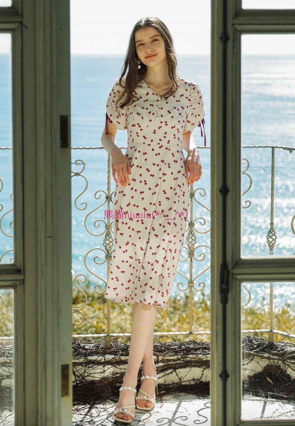 法式甜美雪纺樱桃印花收腰连衣裙