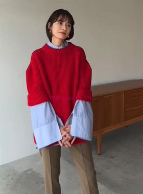 叠穿利器！原厂推荐~松本惠奈 C1ane 秋冬中袖圆领针织红色毛衣衫