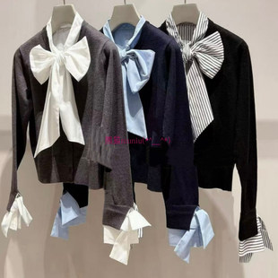 气质贵牌 针织毛衣开衫 纯元 甜美立领蝴蝶结拼接袖 254229 S家 法式