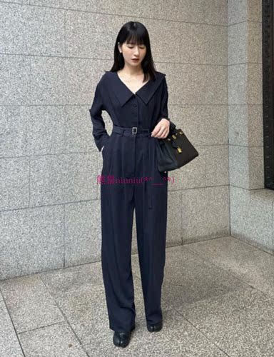 海军翻领长袖显瘦直筒腰带连体裤