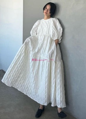 甜美露背立体泡泡短袖长款连衣裙