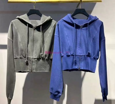 通勤款纯色破洞做旧短款连帽卫衣