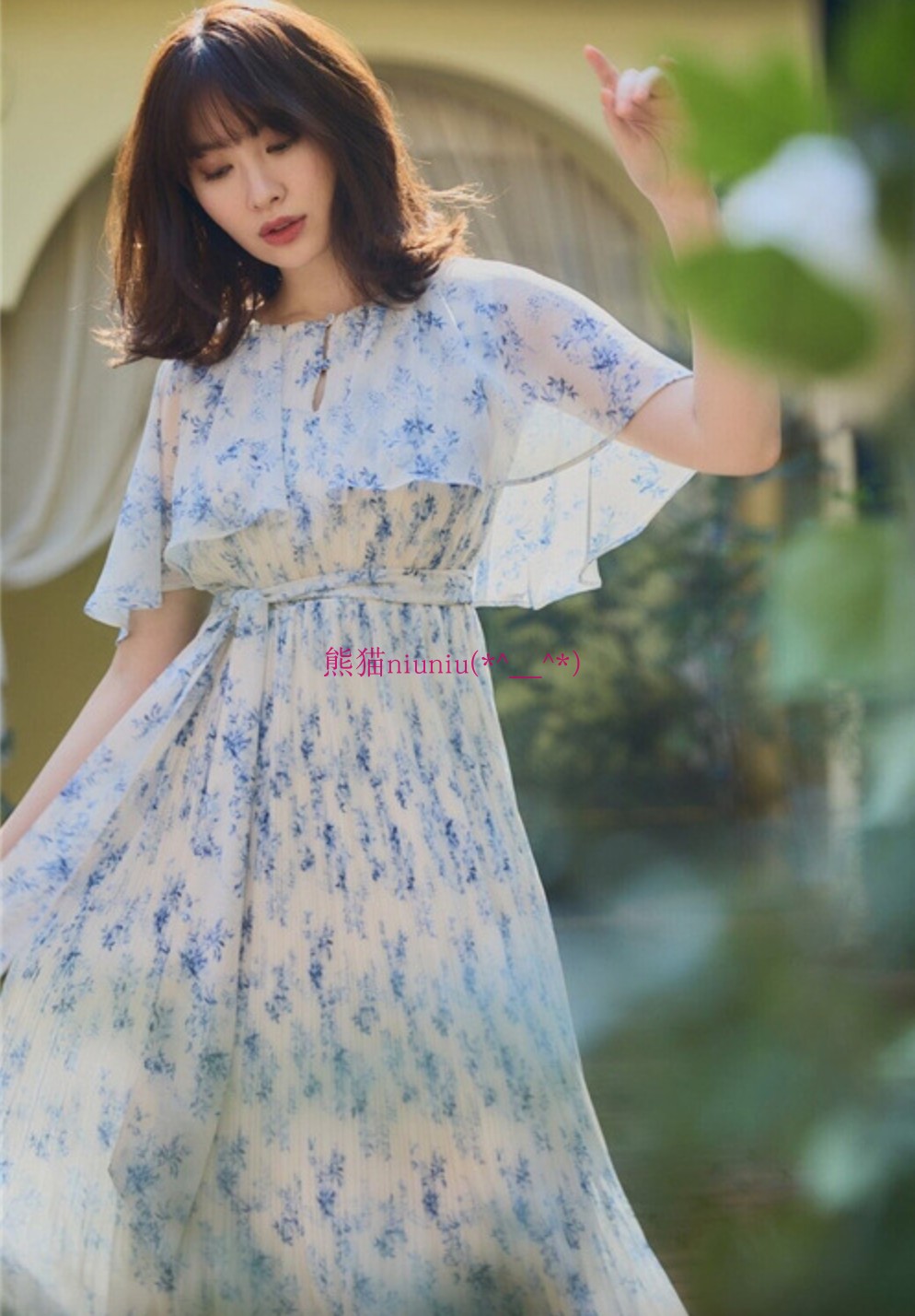 法式茶歇!原厂追加~小嶋阳菜 H家 斗篷式披肩系带印花百褶连衣裙