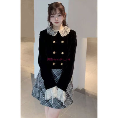 双排扣蕾丝领丝绒夹克短款外套