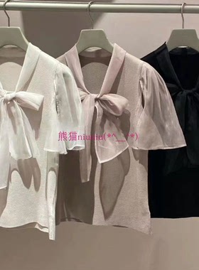 甜美魔法！原厂系列S家 领结透视薄纱开衩袖拼接针织衫