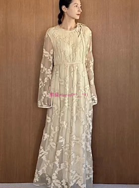 纯圆独家！松本惠奈C1ane 系带镂空提花透视长袖连衣裙14112-5002