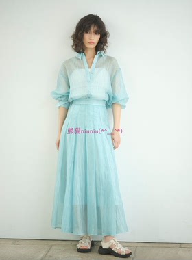 飘逸轻盈~纯圆S家 透视褶皱休闲衬衫+高腰喇叭半身裙两件套