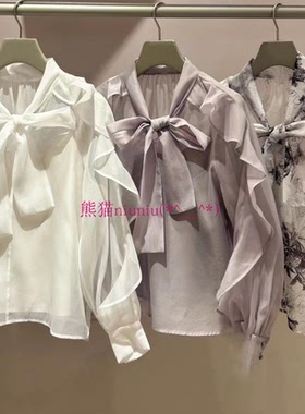 法式宫廷风！纯圆S家 甜美荷叶边袖蝴蝶结系带雪纺衬衫
