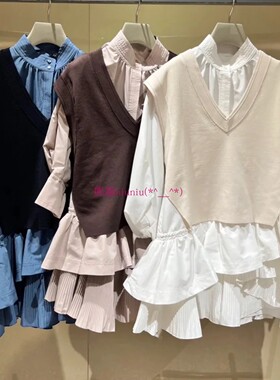 原厂独家！两件套式~S家 V领针织马甲背心+衬衫连衣裙