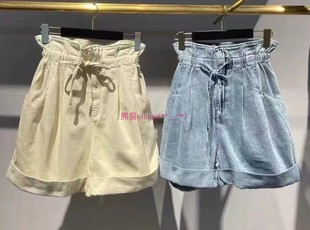 现货！简约百搭~纯圆M家 高腰花苞系带卷边牛仔短裤